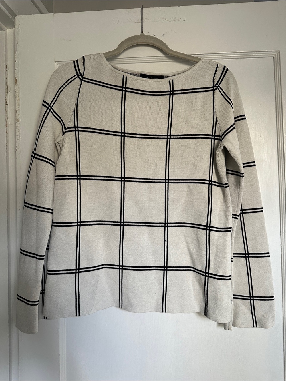 Ann Taylor Cream and Black Windowpane Long Sleeve Top